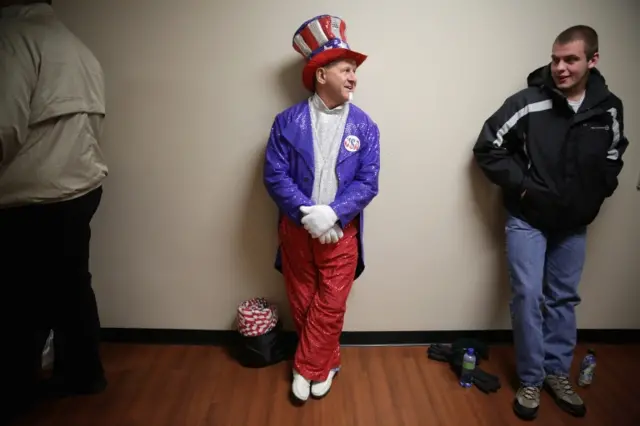 A man in his home-made sequined Uncle Sam outfit on the campus of Liberty University