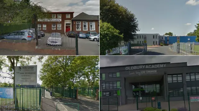 Composite images of four schools from top left to bottom right: Bristnall Hall Academy, Leasowes High School, Holly Lodge High School and Oldbury Academy