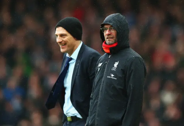 Slaven Bilic manager of West Ham United and Jurgen Klopp manager of Liverpool