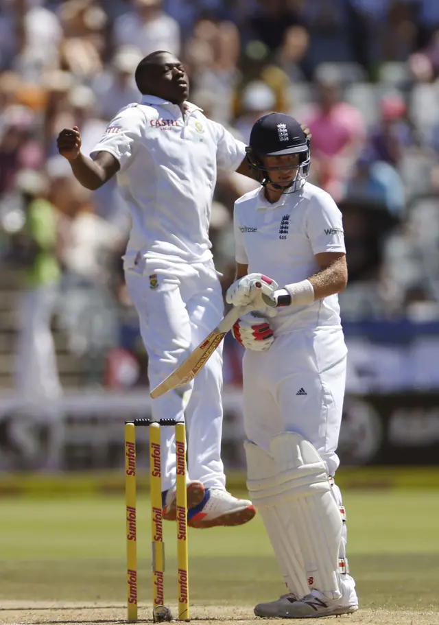 Kagiso Rabada reacts after Joe Root is almost caught