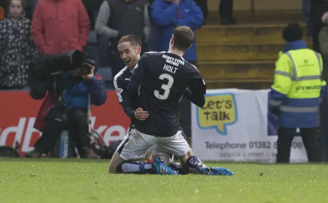 Dundee players Nick Ross and Kevin Holt celebrate