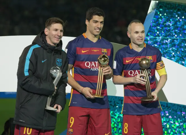 Lionel Messi, Luis Suarez and Andres Iniesta