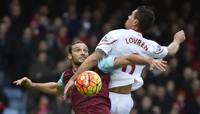 West Ham's Andy Carroll and Liverpool's Dejan Lovren