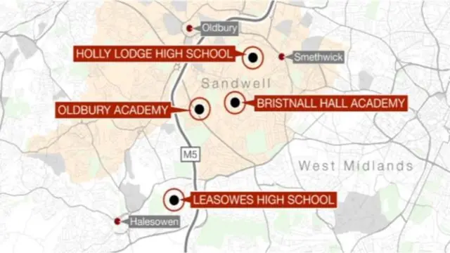 Map pinpointing the locations of the four Black Country schools which received bomb scares on Tuesday
