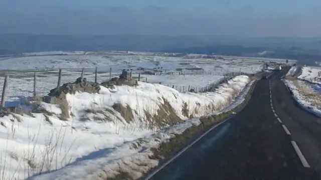 Snow on roadside in Staffordshire Moorlands