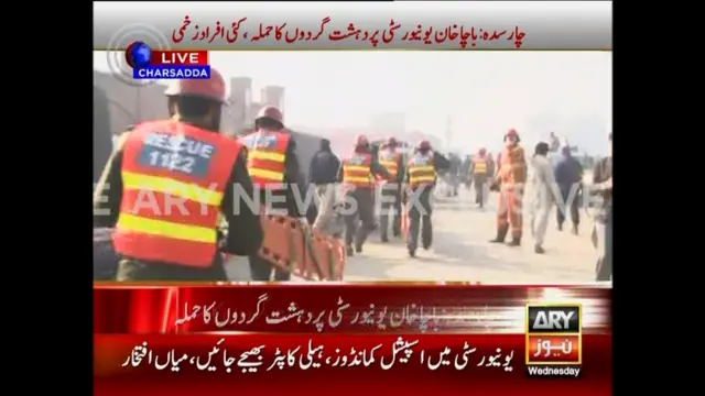 Rescue workers arrive at the Bacha Khan University during an attack by militants, in Charsadda, northwestern Pakistan in this still frame taken from a video released by ARY News 20 January 2016