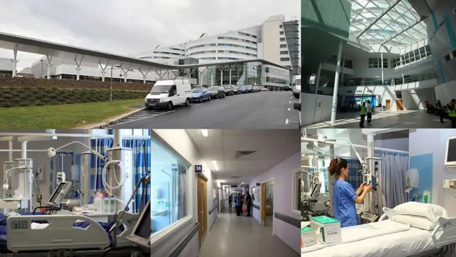 QEHB composite image showing five pictures: from top left - outside the hospital, inside, a hospital bed, a corridor inside and staff moving equipment