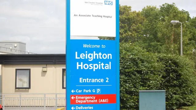 Sign at front of Leighton Hospital