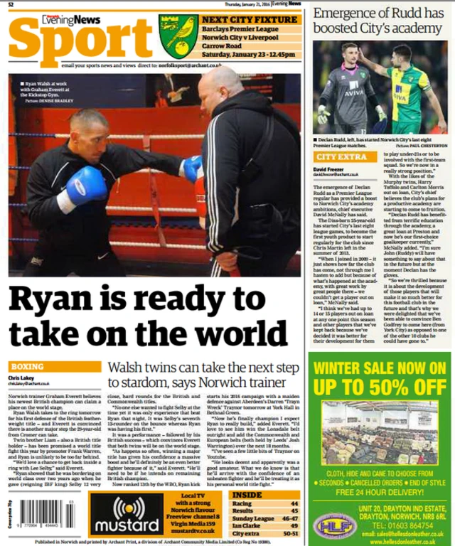 The back page of today's Norwich Evening News