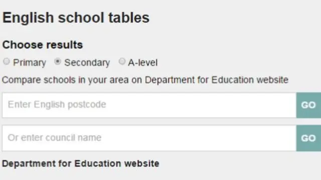 Screengrab of search function for GCSE results