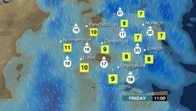 Weather chart for Friday morning, show rain across Norfolk