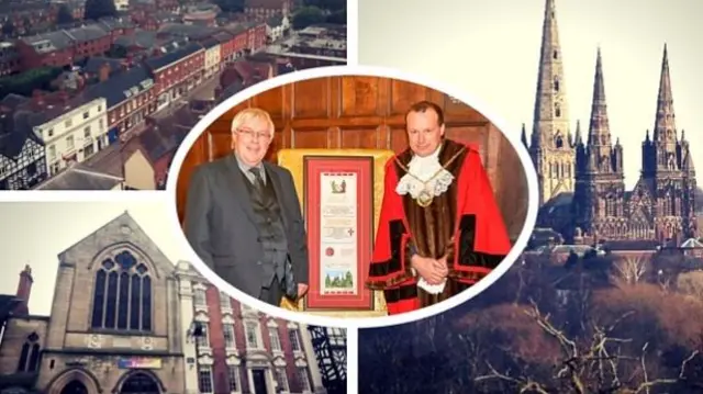 Peter Young (centre, with Mayor Andrew Smith) with images of Lichfield