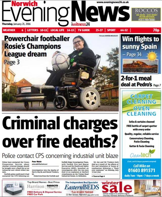 Front page of today's Norwich Evening News