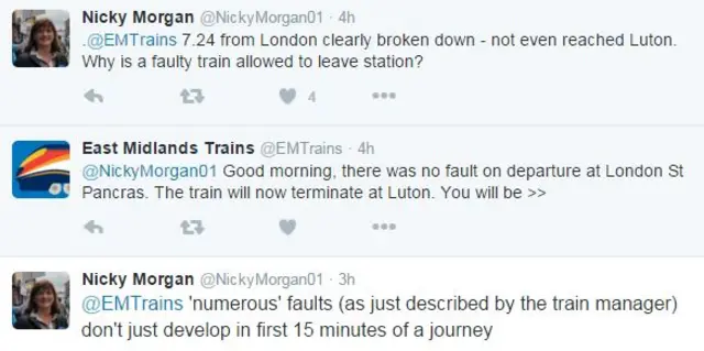 Tweets between Nicky Morgan and East Midlands Trains