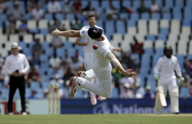 Ben Stokes dives for a catch