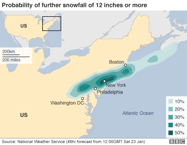 Map showing path of winter storm