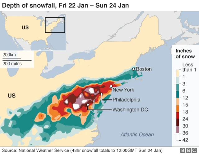 Map showing snowfall levels