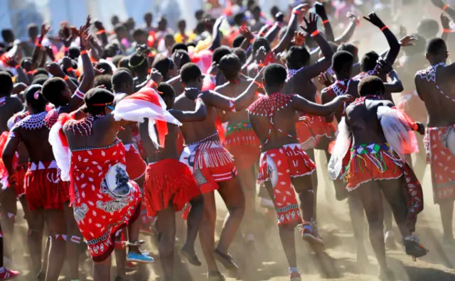Young girls at the annual reed dance at eNyokeni Royal Palace on September 6, 2014 in Nongoma, South Africa.