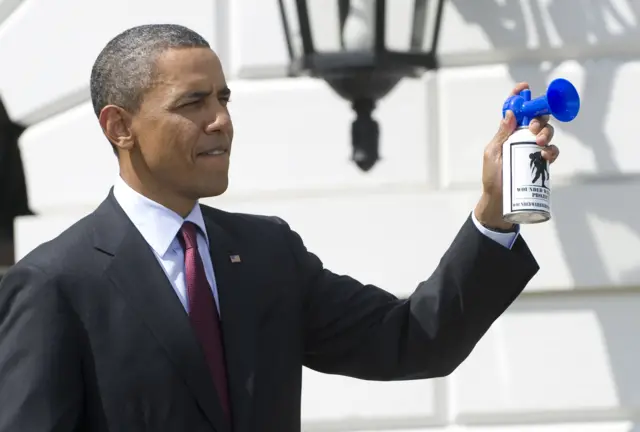Barack Obama uses air horn