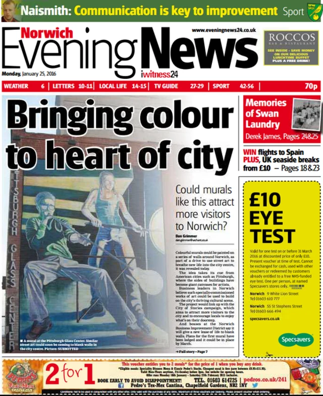 Front page of the Norwich Evening News