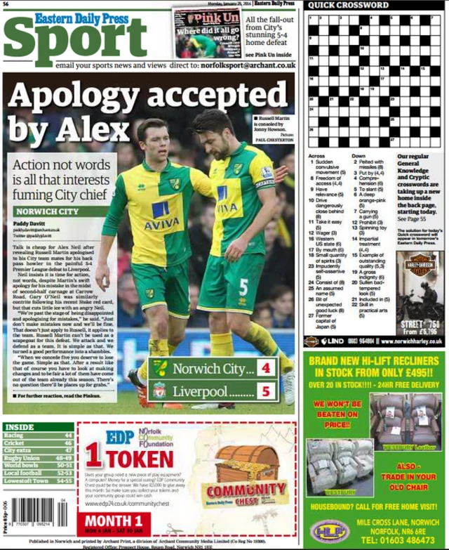 Back page of today's Eastern Daily Press