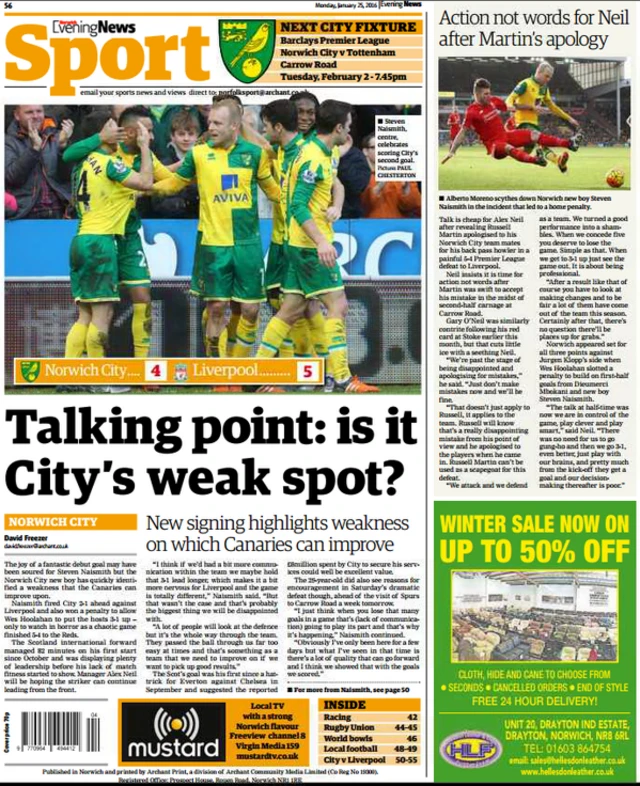 Back page of the Norwich Evening News