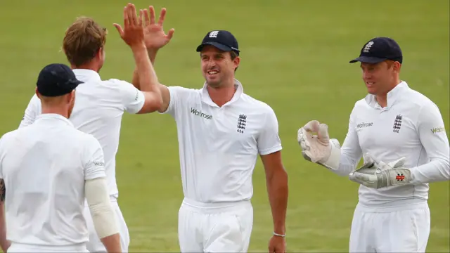 Stuart Broad celebrates the wicket of Hashim Amla