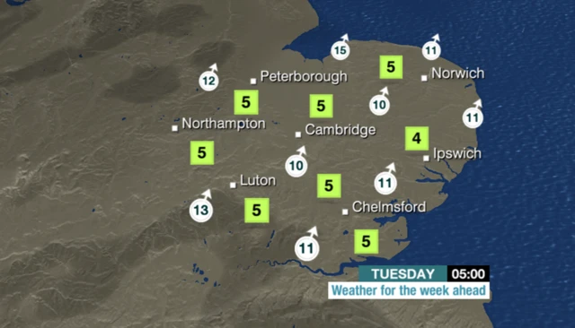 Weather map for early Tuesday morning, showing temperatures of 5(C) for Norfolk