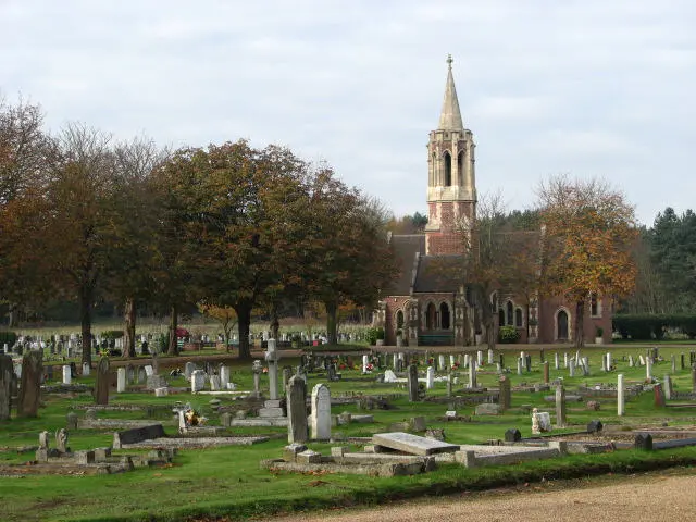 Cromer town cemetery, showing chapel and gravestones