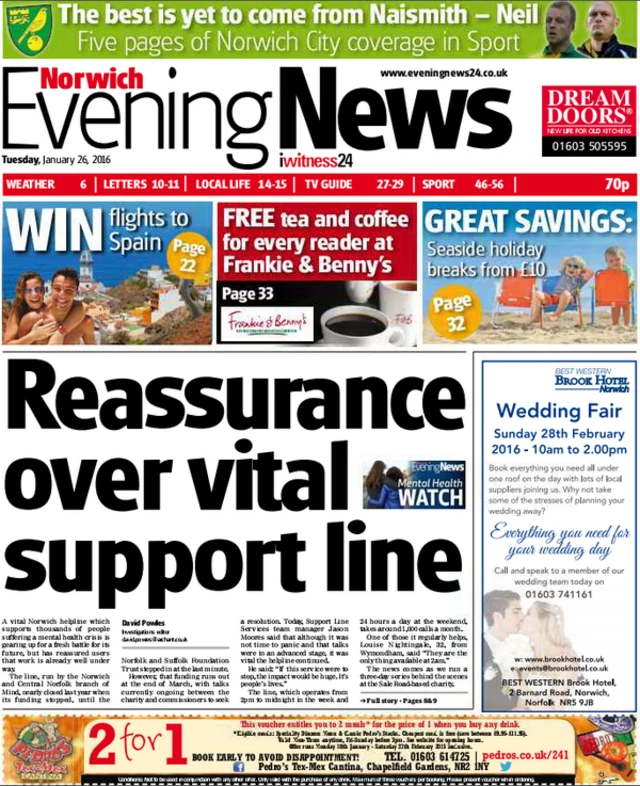 Front page of the Norwich Evening News