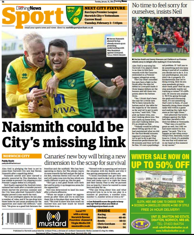 Back page of the Norwich Evening News