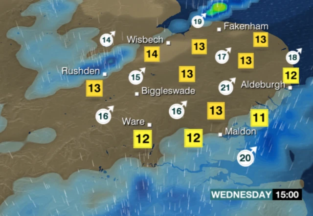 Weather graphic for Wednesday afternoon showing patchy rain