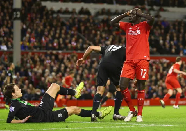 Sakho reacts to a missed chance