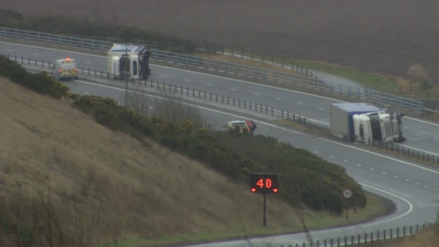 Two lorries blew over on the A1 at Dunbar