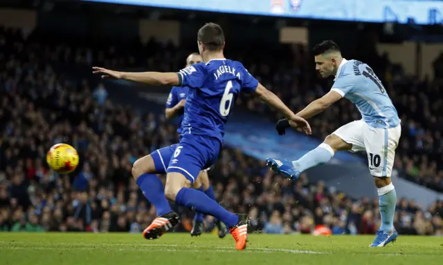 Sergio Aguero hits the post