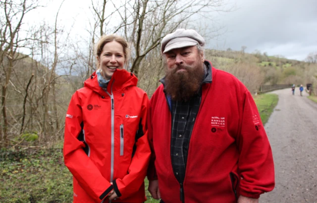 Brian Blessed on the Monsal Trail with Peak District National Park trails manager Emma Stone