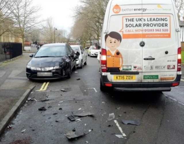 Damaged vehicles on South Street in Derby