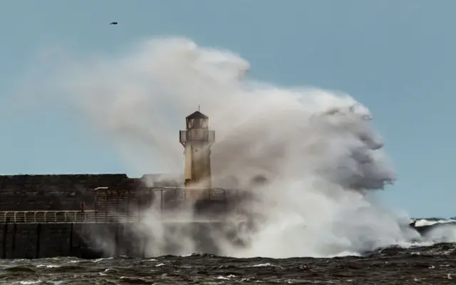 Waves breaking on the sea front in Ardrossan, Scotland, as Storm Gertrude hits Scotland