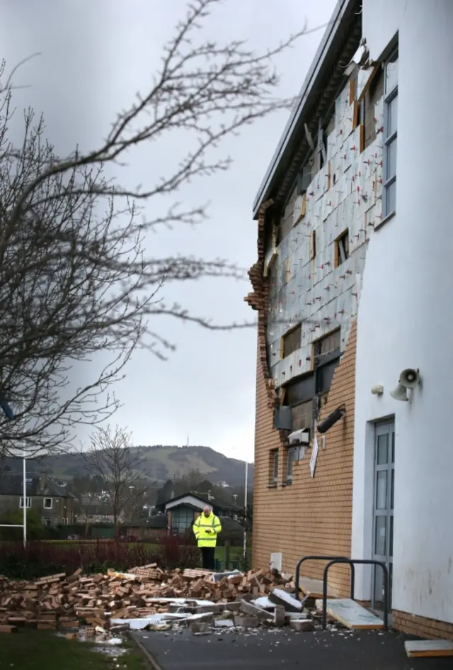 The power of Storm Gertrude collapsed a wall at Oxgangs Primary School in Edinburgh.