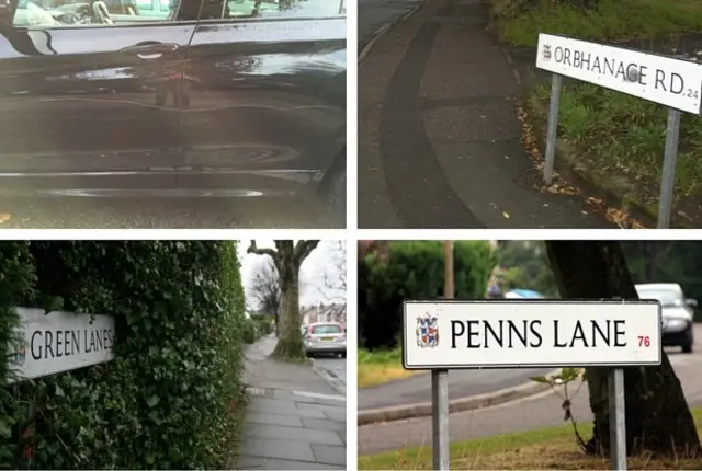 Composite image showing pictures of the names of the affected roads and one of a damaged car