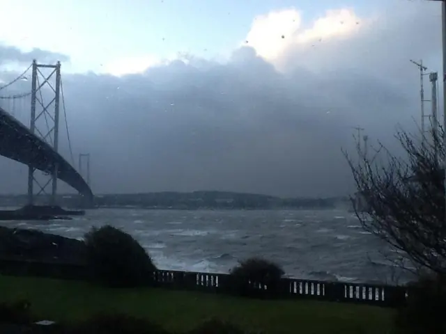 View of the Forth Road Bridge from a stormy North Queensferry