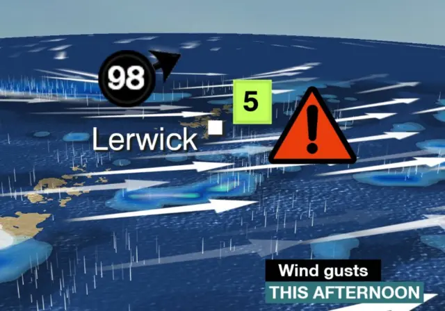 Weather map showing red alert over Shetland