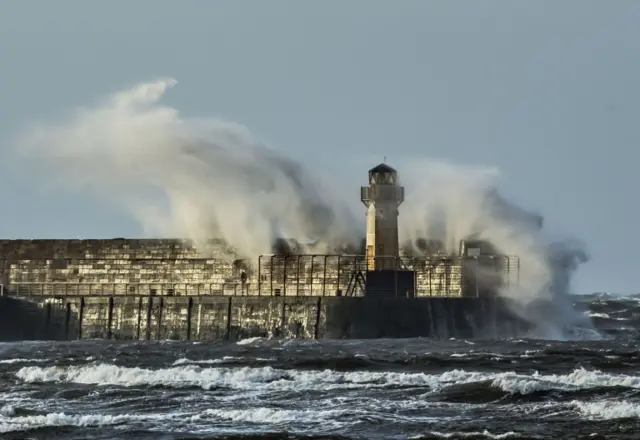 Waves breaking on the sea front in Ardrossan, Scotland, as Storm Gertrude hits the UK.