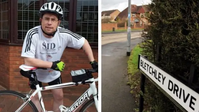 Steve Darlaston with bike and sign for Bletchley Drive