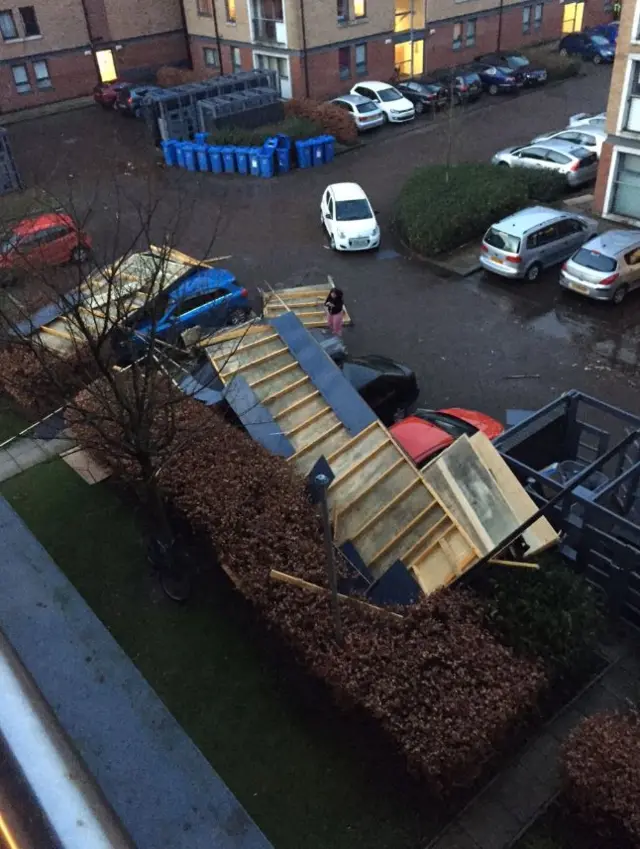 Baiju Kothari, from Finnieston in Glasgow, sent the BBC this image of damage caused by Storm Gertrude in the city.