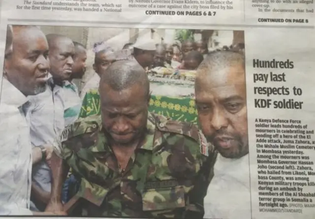 Front page of Kenyan Standard newspaper