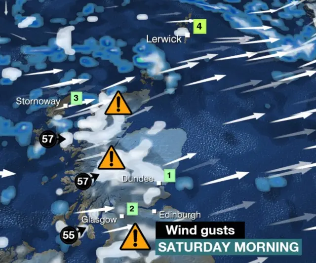 Map of Scotland showing weather outlood