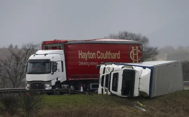 On the M9, a lorry overturned in the wind near Stirling