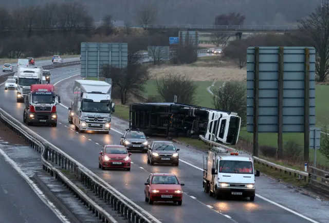 An overturned lorry on the M9 near Falkirk