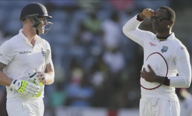 Marlon Samuels salutes Ben Stokes in a test match between England and West Indies